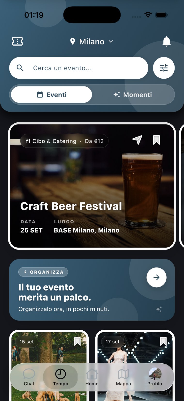 Schermata dell'app Temposy: ricerca di momenti ed eventi a Milano