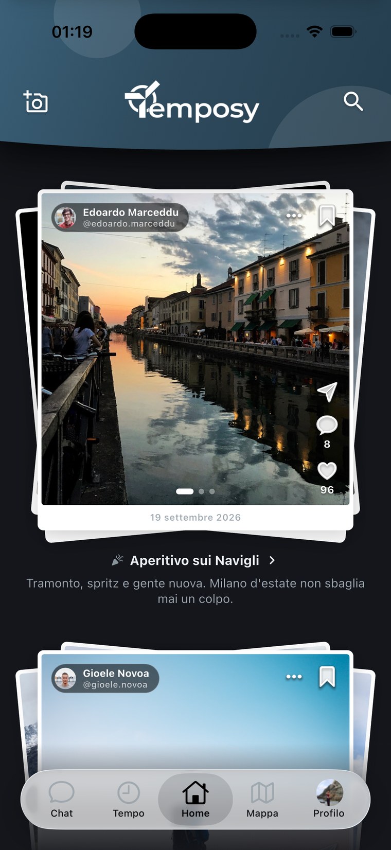 Schermata dell'app Temposy: il Diario con le esperienze vissute